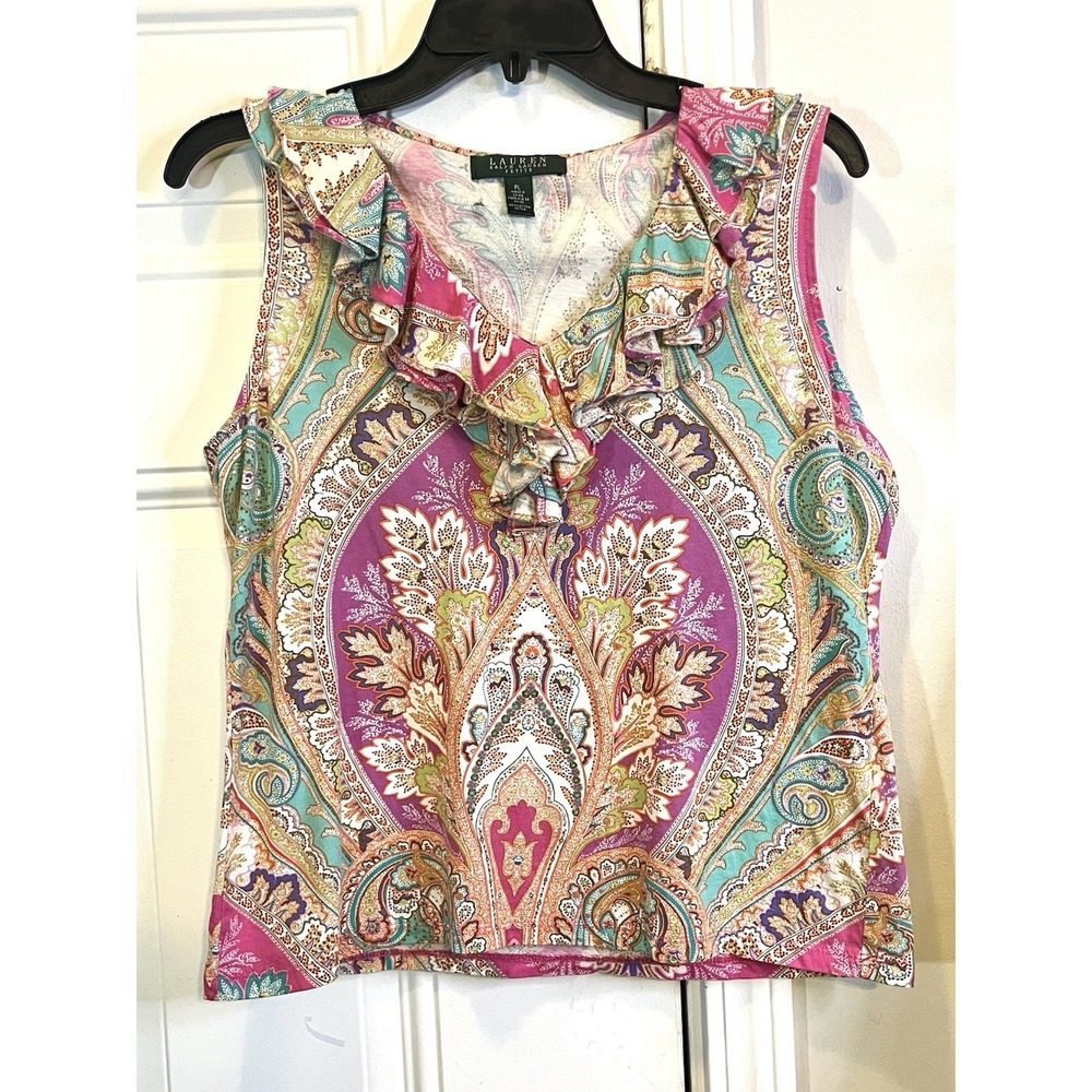 VTG Lauren Ralph Lauren Petite PL Paisley Ruffle Neck Tank Top Vibrant Boho